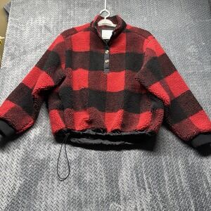 American Eagle Buffalo Plaid Sherpa Pullover XS Red Black Buttons Oversized